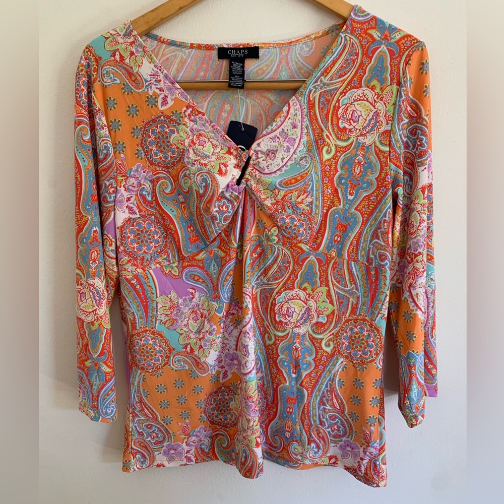 Chaps Orange Paisley V-Neck Blouse with Multicolor Floral Print XL